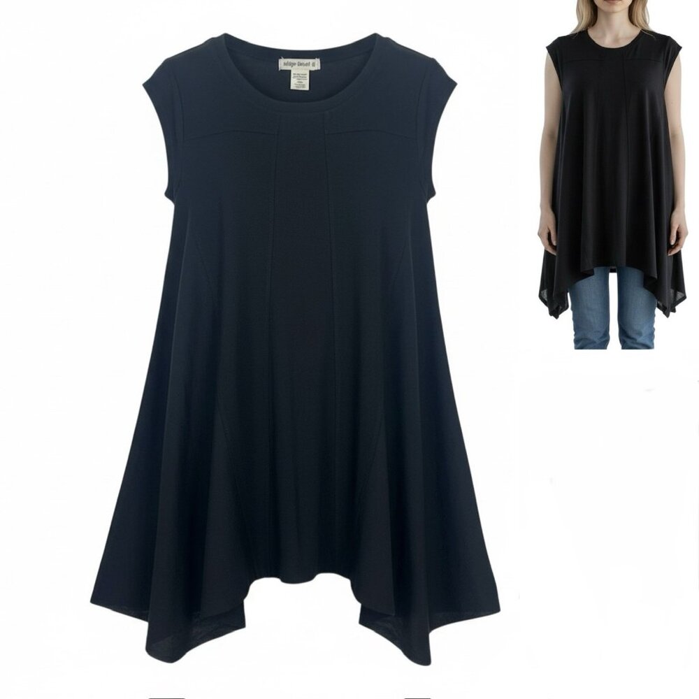 Indigo Thread Co Tunic Blouse XS Seamed Sharkbite Hem Swing Flared Cap Sleeve